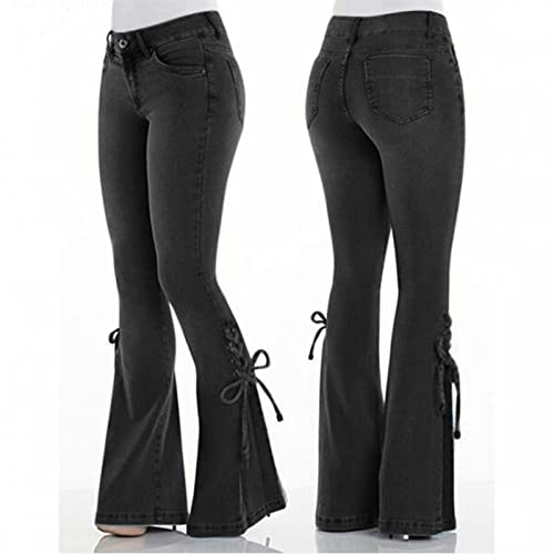 Lace-up Bell Bottom Pants Jeans for Women Mid Waisted Wide Leg Bootcut Slim Denim Pants Trousers3