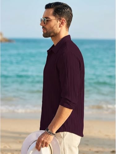 Image of DEELMO Combo of Men's Casual Button Down Shirts Long Sleeve Linen Shirt Fashion Textured Summer Shirts Pack of 2