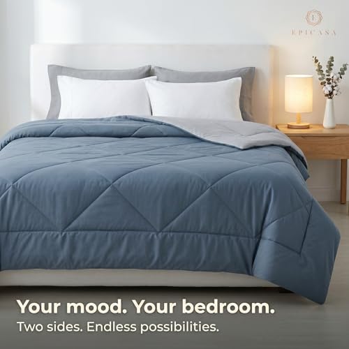 Image of Epicasa Reversible Comforter | 200 GSM Thermal Bonded Fill | 110 GSM Micro Peach Fabric | All Season AC Quilt | Diamond Quilted | Lightweight Duvet Blanket for Home Bedroom | Steel Blue & Silver Grey