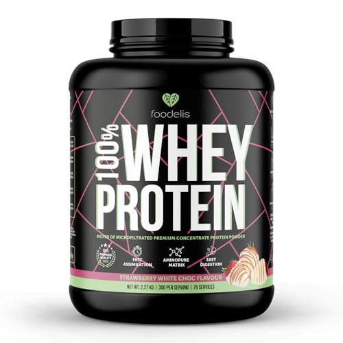 Foodelis 100% Whey Protein | Proteína de Suero Premium con Glutamina Natural y Perfil Completo de Aminoácidos | Máxima Absorción y Fácil Digestión |Chocolate Blanco Fresa | 2,27 kg - 75 Dosis