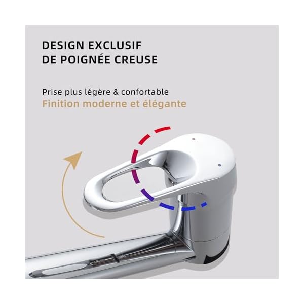 Robinet Cuisine, Robinet de cuisine mitigeur à rotation 360° levier unique, avec cartouche en céramique & tuyau de 60cm, Messing Chrom Anti-Corrosion pour évier de cuisine, Chromée