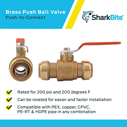 Image of SharkBite 1 Inch Ball Valve, Push to Connect Brass Plumbing Fitting, Water Shut Off, PEX Pipe, Copper, CPVC, PE-RT, HDPE, 22223-0000LFA