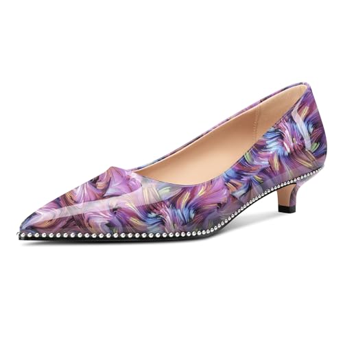 Image of Aachcol Womens Low Heel Pointed Toe Pumps Silver Beaded Kitten Heels Slip-on Comfortable Office Dress Shoes 1.4 Inches Heels