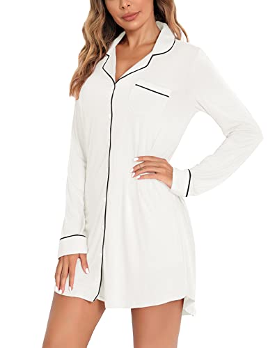 Image of Samring Nightgown for Women Long Sleeve Button Down Night Gown Boyfriend Nightdress Sleep Shirts
