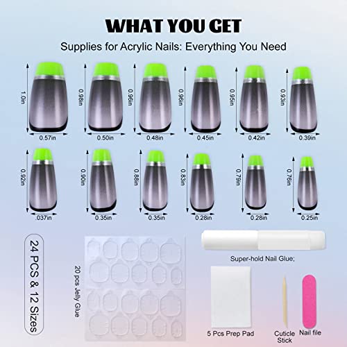 Press On Nails Coffin Medium Gray Clear Green French Tip Soft Gel Fake Nails For Women Fit Natural, Stick On Nails Acrylic Reusable, 24Pcs False Nails With Design Glue Art Kit #TOP2