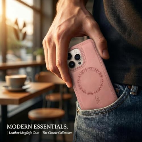 Image of amazon basics Premium PU Leather Case for iPhone 15 Pro, MagSafe Compatible Magnetic Ring, Sleek Protective Back Cover - [Pink]