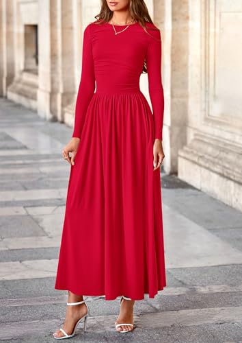 Image of PRETTYGARDEN Women's 2025 Fashion Trendy Fall Long Sleeve Dresses Ruched Flowy Elegant Modest Boho Casual Beach Maxi Dress