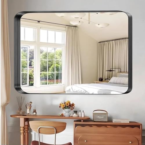 Clevich Wall Mirror 90x60cm Rectangle Bathroom Mirror with HD Explosion-proof Tempered Glass Black Aluminum Alloy FrameCurved Corners & Pre-installed Hooks for Living Room/Bedroom/Entryway/Hallway