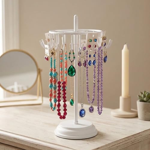 Image of ecofynd Metal Jewelry Organizer Stand with 20 Hooks, 360 Rotating 17-Inch Holder for Earrings, Necklaces, Bracelets & Rings, Space-Saving Display for Vanity, Dressing Table & Home (White, JS012)