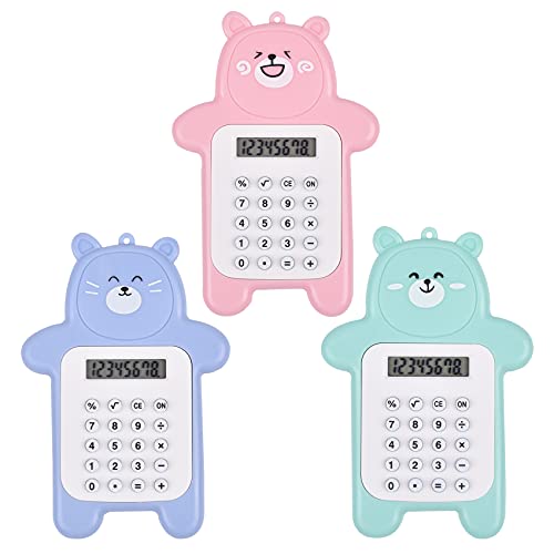 JINGBELUS 3 Packs Basic Calculator Creative 8-Digit Display Beginner Portable Cartoon Bear Style Calculator Rubber Button Pocket Size Calculator for Desktop Home Office Students School Supplies,Small