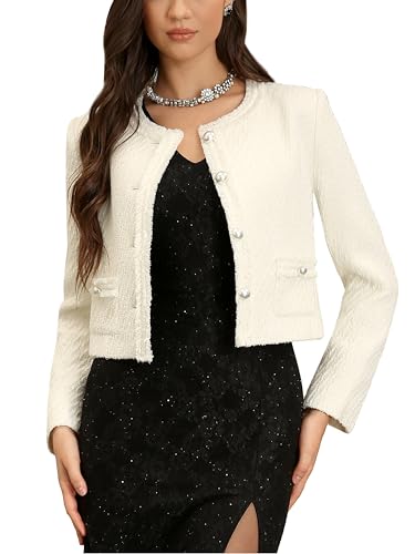 M.Infisavo Tweed Blazer Jackets for Womens with Pockets, Cropped Long Sleeve Open Front Collarless Elegant Casual Cardigan