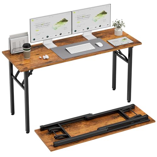 Image of TEMI Long Computer Desk Folding Table - 55.1 Foldable Office Desk, No Assembly, Perfect Writing Table for Bedroom, Dorm, or Apartment, Portable Large Desk or Study Table with Compact Design, Brown