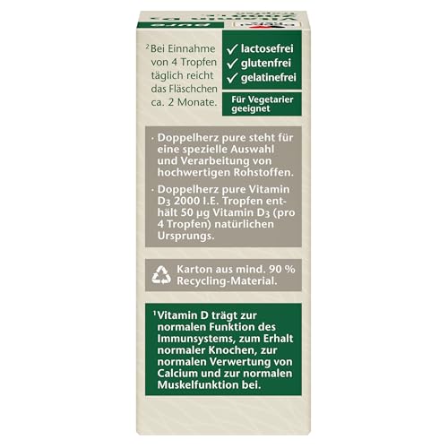 Doppelherz pure Vitamin D3 Tropfen – Vitamin D trägt zur normalen Funktion des Immunsystems bei – 9,2 ml
