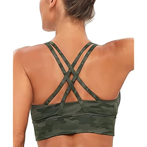 BATHRINS Sports Bra, Women's Yoga Bra Padded Mid Impact Cross Back Strappy Sports Bras Stretchy Removable Cups Army Green Cover