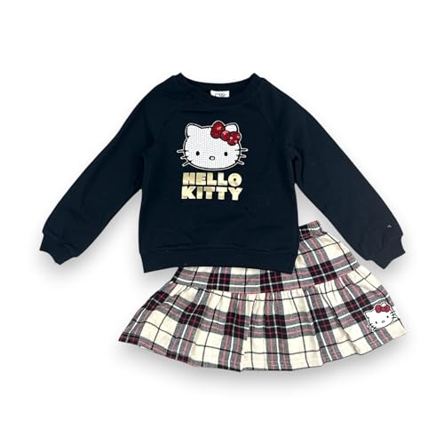 Image of Hello Kitty Girls 2-Piece Outfit Set, Long Sleeve Fleece Sweatshirt and Plaid Flannel Skirt, Fall Winter Clothing - Beige Plaid 3T
