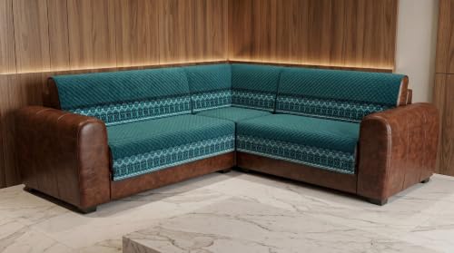 Image of KINGLY L-Shape Sofa Cover 6 Seater 3+3 Velvet Full Cover - Teal Blue | Fully covered quilted velvet slipcover, washable anti-slip furniture protector, L-type corner sofa cover for living room