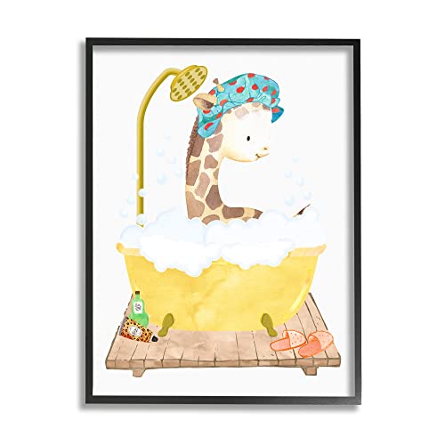 Stupell Industries Children's Giraffe Animal Bubble Bath Yellow Bathroom Black Framed Wall Art, White