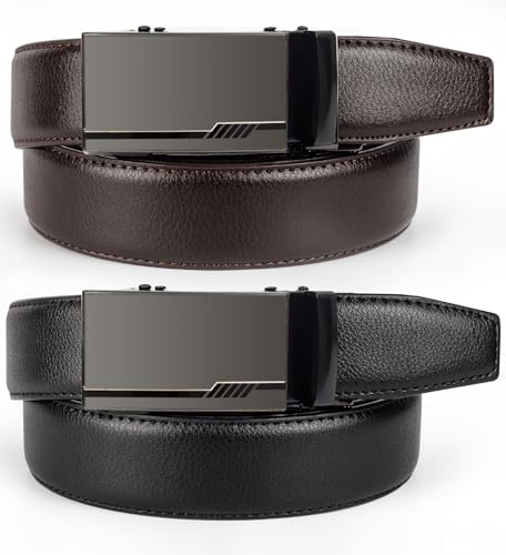 Image of Leather Ratchet Belts For Men 2 Pack,Slide Ratcheting Belt,Adjustable Click Dress Belt