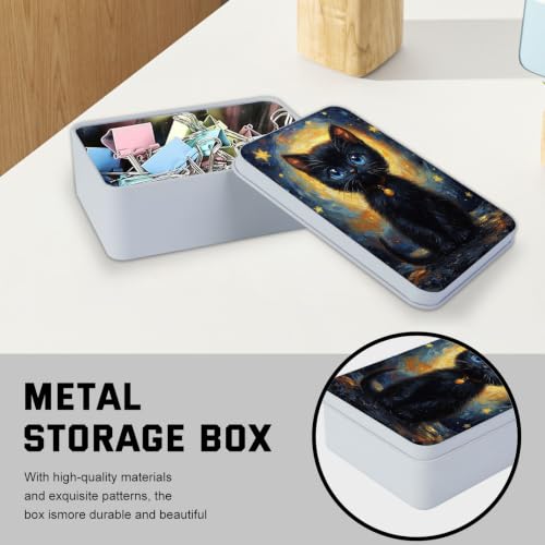 Image of Metal Tin Box with Lid,Multi-functional Storage Box Can Store Tea Biscuits Game Cards, Playing & Tarot Cards-Comes with 4 Magnetic Cord Clips,Black Kitten Painting