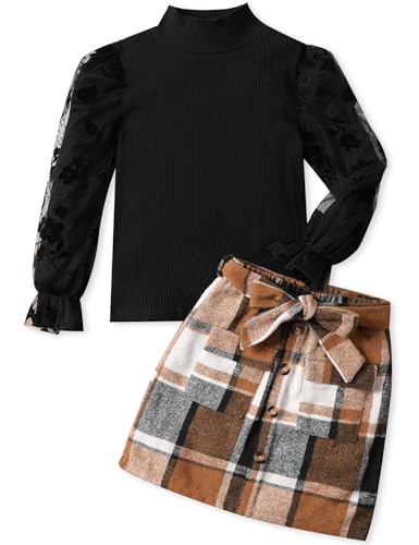 Image of Toddler Girl Clothes Girls Outfits Flare-lace Sleeve Top and Plaid Skirt Dress Fall Winter 2Pcs Girls Clothes 5-12T