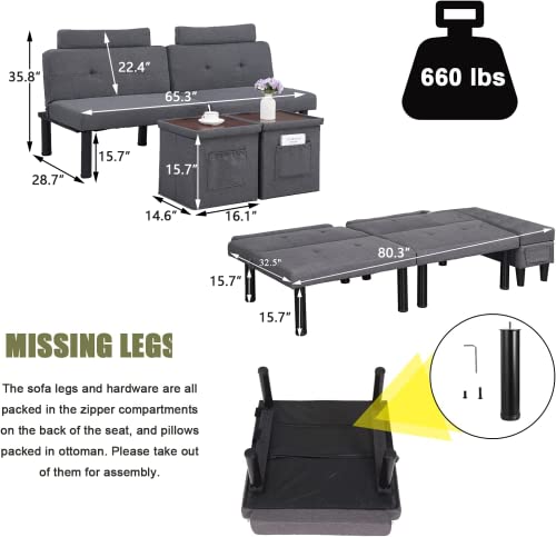 Futon Sofa Bed Adjustable Convertible Sleeper Sofa For Living Room, Apartment, Dorm Storage Ottoman Coffee Table, Lumbar Pillows (Linen-Gray) #TOP1