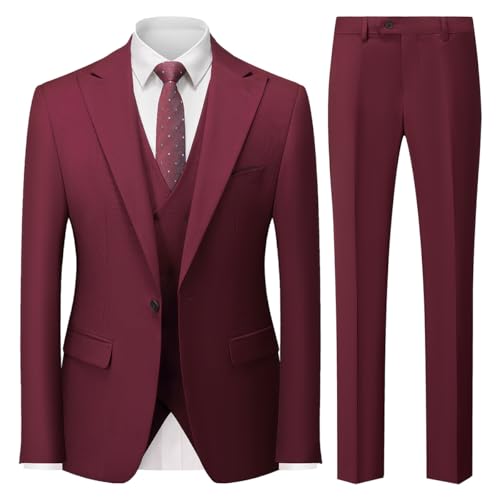 MODFUL Costume 3 pièces pour homme - Coupe ajustée - Business - Un bouton - Smoking - Blazer de mariage - Gilet et pantalon - Ensemble, rouge bordeaux, M