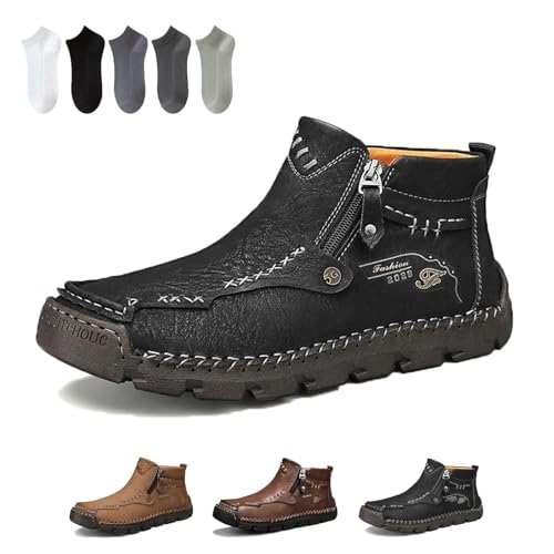 Stepthetop Motorcycle Boots, Hand-Stitched Genuine Leather Boots-Wide Toe, Waterproof, Anti-Slip, for Driving & Hiking