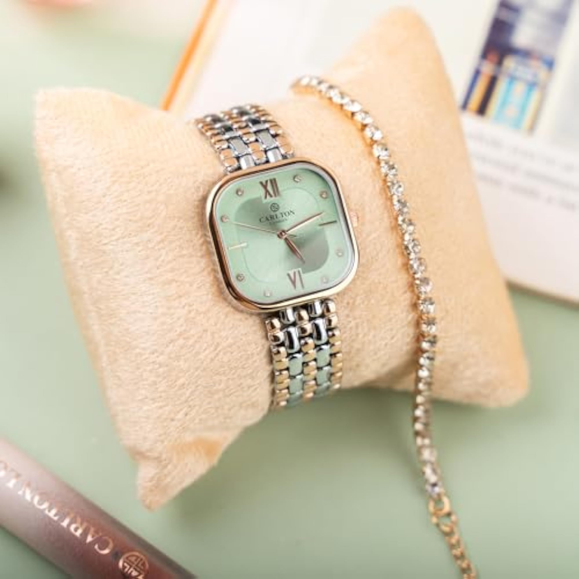Women's Mint Green Dial Watch with Bracelet Set, Elegant Gift