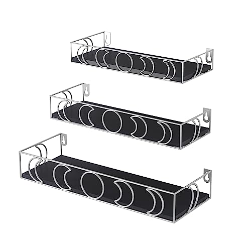 PHAREGE Moon Phase Floating Shelves Black Silver, Set of 3 Small Decorative Wall Shelves for Book Plant Storage, Crystal Figurine Collectibles Display Shelf for Bedroom Kid Room