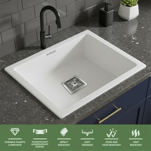 Image of BASINQU Quartz Sink for Kitchen | 21x18x9 Inches Quartz Kitchen Sink White | Granite Sink For Kitchen Basin UV Protected, Granite Scratch Resistant, Undermount /Topmount Sinks