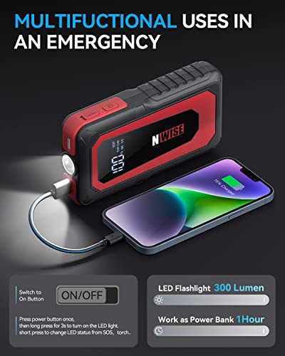 Nwise Car Jump Starter, 2000A Peak 20000Mah Portable Battery Starter (Up To 8.0L Gas Or 7.0L Diesel Engine) With Smart Safety Jumper Clamps,12V Jump Boxes With Dual Usb Quick Charge 3.0, Led Light #TOP4