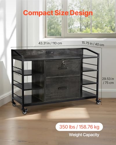 Image of VEVOR 2 Drawers Metal File Cabinet, Lateral Filing Cabinet with Lock and 6 Open Shelves, Wooden Wide Filing Storage Cabinets with Power Strip for Letter, A4, Legal Size File, Easy Assembly, Gray
