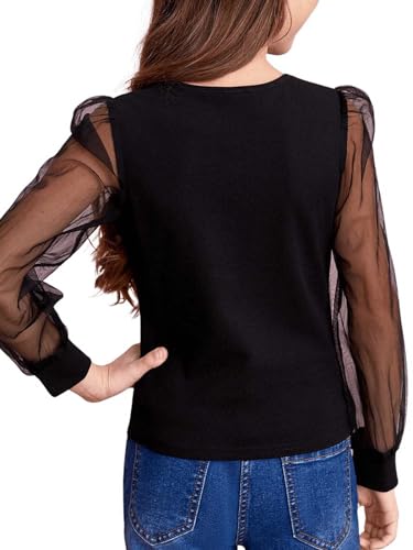 WDIRARA Girl's Cut Out Round Neck Mesh Puff Long Sleeve Blouse Casual Top2