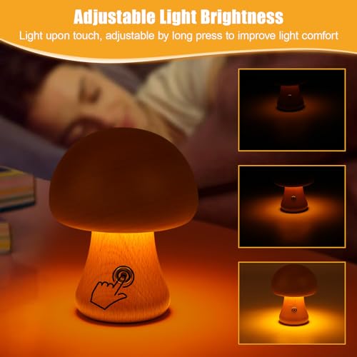 Mushroom Lamp Wooden, Portable Dimmable Bedside Lamp with USB Charging, Wireless Night Light - Image 3