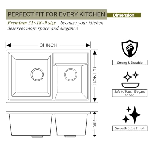 Image of EVANEX Quartz Kitchen Sink | 31x18x9 Inch Double Bowl Sink for Kitchen | Granite Topmount /Undermount Kitchen Sinks | Black Double Sink with Connector, Waste Pipe, Coupling and Drain Basket