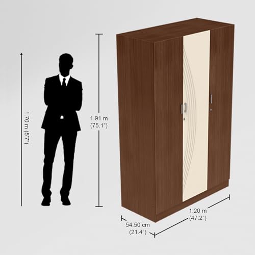 Image of Godrej Interio Wardrobe Allura 3-Door Engineered Wood Wardrobe for Clothes (Dark Walnut), 10 Shelves, 1 Drawer