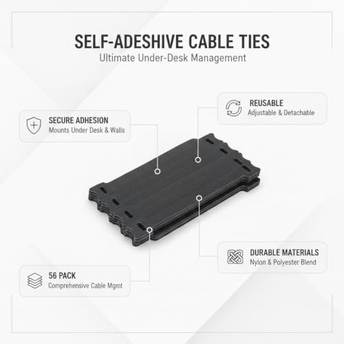 56 Pack Bridas Auto Adhesivas para Cables, Organizadores de Cuerdas de Nylon y Poliéster Reutilizables de 5.9 Pulgadas para Gestión de Cables Bajo Escritorio, Negro miniatura 4