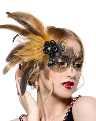 Listado de Venecianas , tabla con los diez mejores. 42 Zinniday - Máscara de máscaras de plumas para mujer, color negro dorado 2026, máscaras venecianas de metal antiguo con diamantes de imitación brillantes y plumas desmontables,...