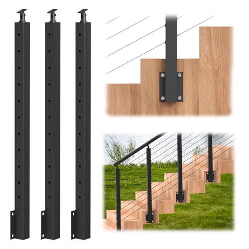 Image of BLIKA 3 Pack 36 inch Side Mount Stair Cable Railing Post for 25-35 Degrees Stair, Stainless Steel, Right Side Fascia Mount Stair Railing Post for Cable Railing Kit, Black Powder Coated Side Mount Post