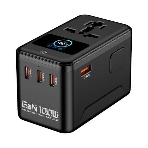 Image of MX 100W GaN Universal Travel Adapter Smart LCD Display Fast Charging Station, Multi Device Charger, USB-C PD 100W International Plug Adapter for 200+ Countries | MacBook, iPhone, Samsung & Laptop