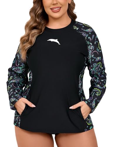 Halcurt Women Plus Size Rash Guard with Thumb Hole Long Sleeve Swim Shirt UPF50+ Swimsuit Top