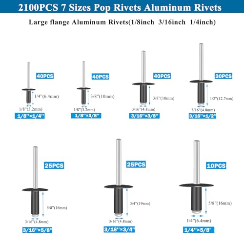Image of 210PCS Black Pop Rivets Assortment Kit,Includes 7 Sizes Large Flange Aluminum Rivets (1 /8 inch 3 /16 inch 1 /4 inch) for DIY, Automotive Repairs,and More.Assorted Blind Rivets with Case