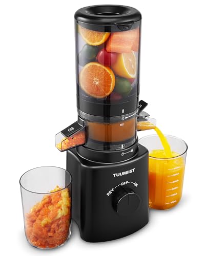 TUUMIIST Cold Press Juicer, 120MM Auto Feed Chute Juicer machines, Pre-cut Juicers for Whole Fruit and Vegetable, Slow Masticating Juicer with High Yield, 800ML Hopper with 2 Cups,Dark Black