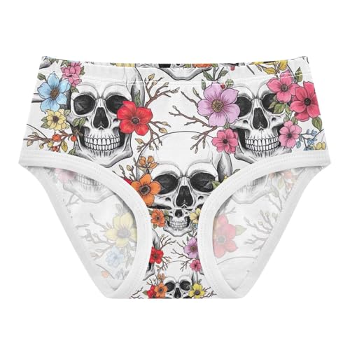 Kids Underwear, White Skull Colorful Flower Toddler Panties, Cotton Underwear Girls, 2T–8 Years
