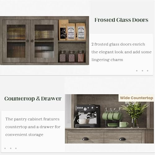 GarveeHome Pantry Cabinet with Drawers and Adjustable Shelves, 71”Tall Freestanding Kitchen Cabinet with Microwave Stand, Kitchen Hutch for Dining Room, Rustic Grey