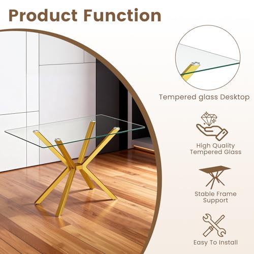 Image of Golden Glass Dining Table Set for 4 with 47.2 inch Rectangular Tempered Glass, 5 Pieces Kitchen Table Set with 4 Comfortable Velvet Chairs for Living Room, Apartments Small Place, Cafe (Beige Chairs)