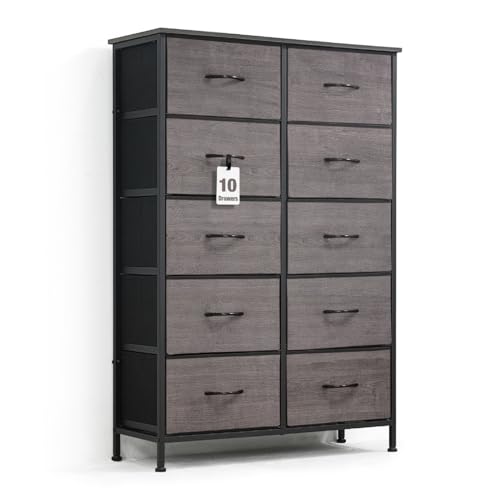 CAPHAUS Drawer Storage Tower w/ 10 Fabric Bins, Laundry Storage, Sorting Unit, Chest of Drawers, Organizer w/ P2 Board Top & Fabric Bins, Organizer Unit for Multi-purpose, Hallway, Office, Grey Oak