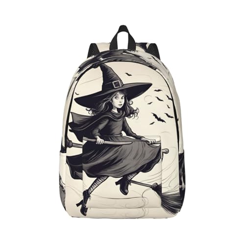 Vbcxza Mochila de lona con estampado de bruja voladora de Halloween, tamaño mediano y pequeño, perfecta para senderismo, viajes y uso diario, Black, S, Mochilas rucksack