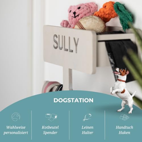 INEXTERIOR – Hundegarderobe personalisierbar mit Ablage & Leinenhalter in Hellgrau - Hundezubehör Dogstation für Hundeleinen, Spielzeug & Leckerlis aus Birkenholz - Mit Kotbeutelspender & Montagekit