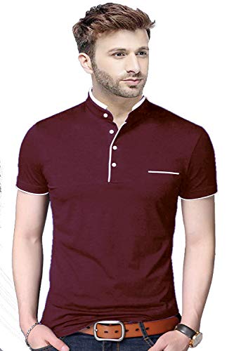 REYA Mens Cotton Half Sleeve Regular fit Mandarin Collar T-Shirt